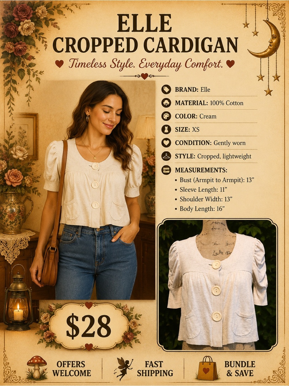 Elle Cream Cotton Cropped Cardigan XS Lightweight Knit